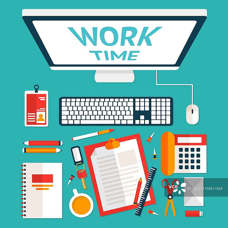 经典办公室桌面与电脑和文具矢量图图片素材