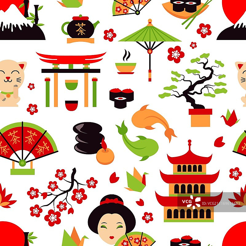 含传统食物和旅行图标的日本符号合集无缝图案矢量插画图片素材