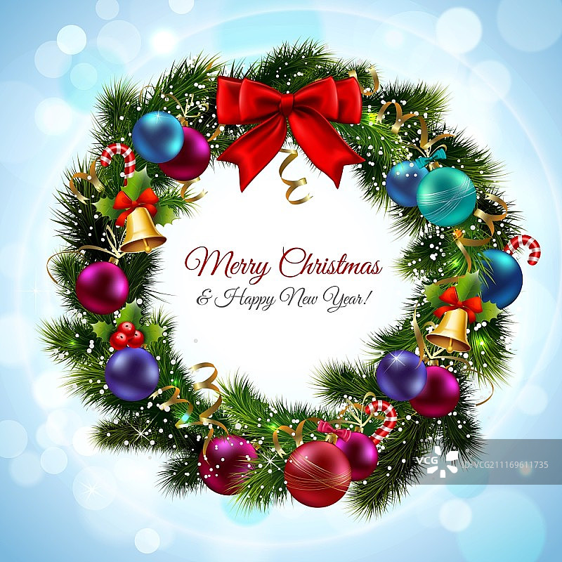 绿色花环圣诞新年贺卡矢量图图片素材