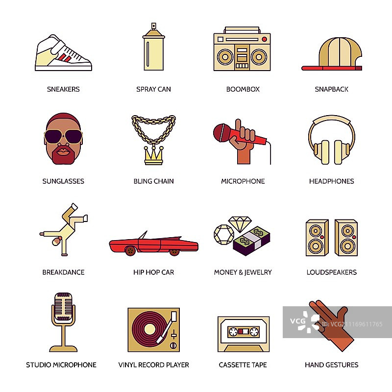 说唱嘻哈演唱街舞音乐扁平线条图标集矢量图图片素材