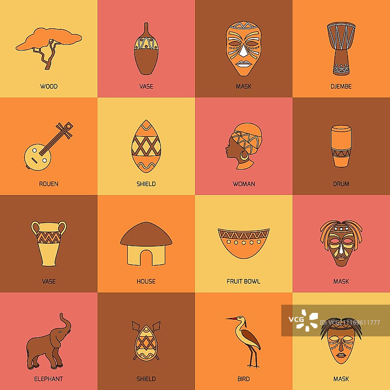 非洲民族部落文化旅行图标线性扁平矢量插图图片素材