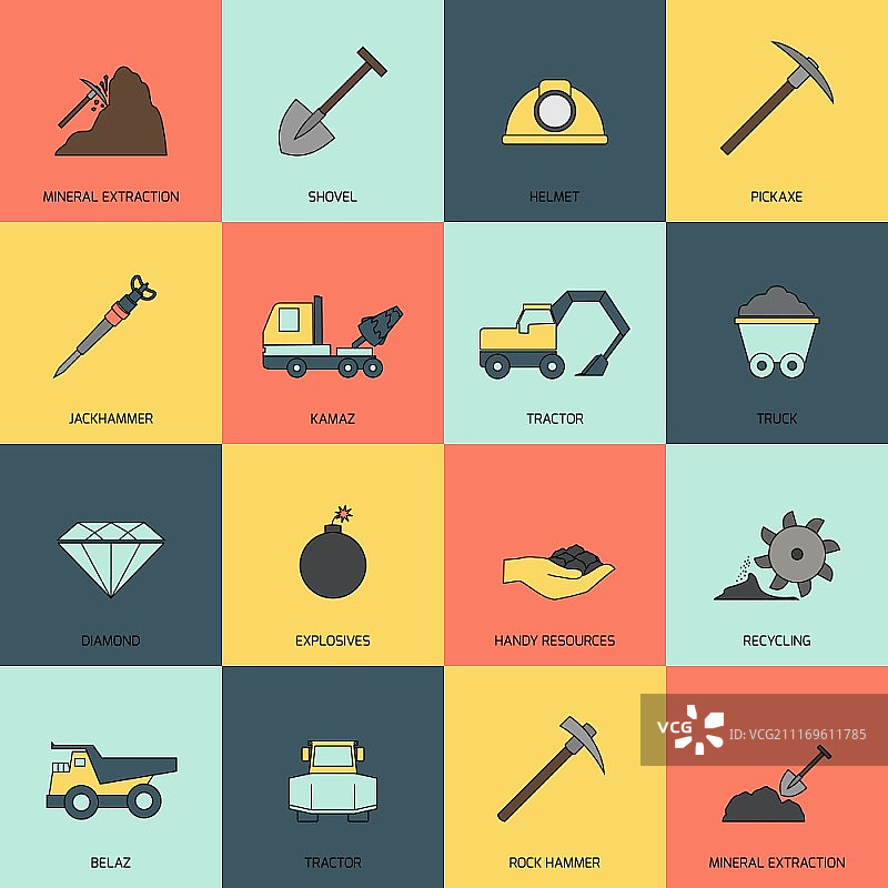 采矿和矿产开采扁平图标矢量图图片素材