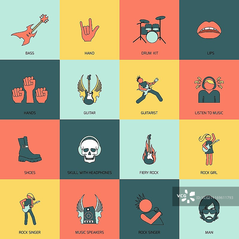 摇滚音乐会歌手吉他手明星扁平风格线性图标矢量插画图片素材