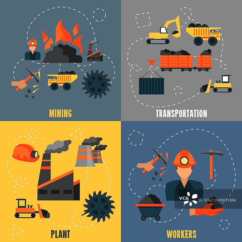 煤炭工业采矿运输工厂工人扁平图标集矢量图图片素材