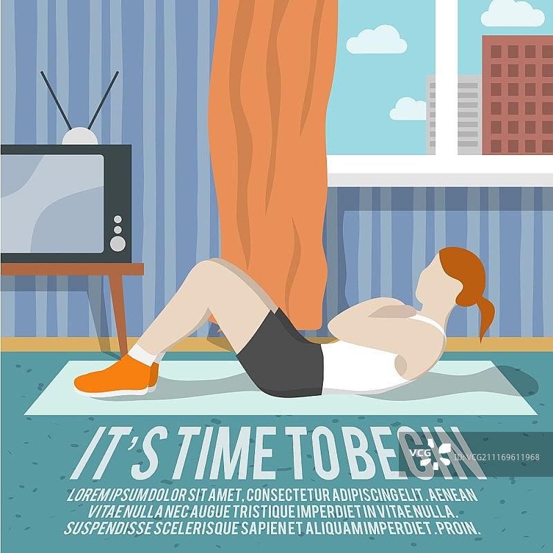 在家进行腹肌训练的女性健身生活方式海报矢量插画图片素材