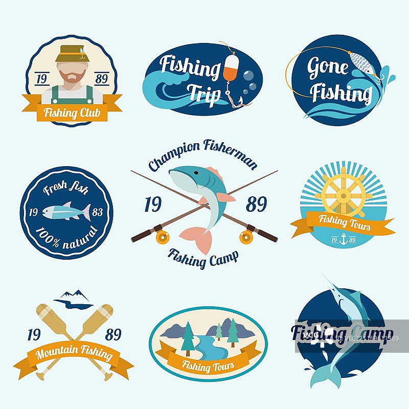 钓鱼旅行户外旅游俱乐部标签矢量图图片素材