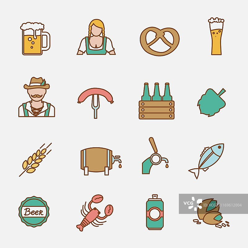 啤酒节图标扁平线条集（含麦穗、龙虾、鱼，独立矢量图）图片素材