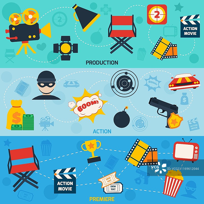 动作电影首映式扁平风构图矢量插画图片素材