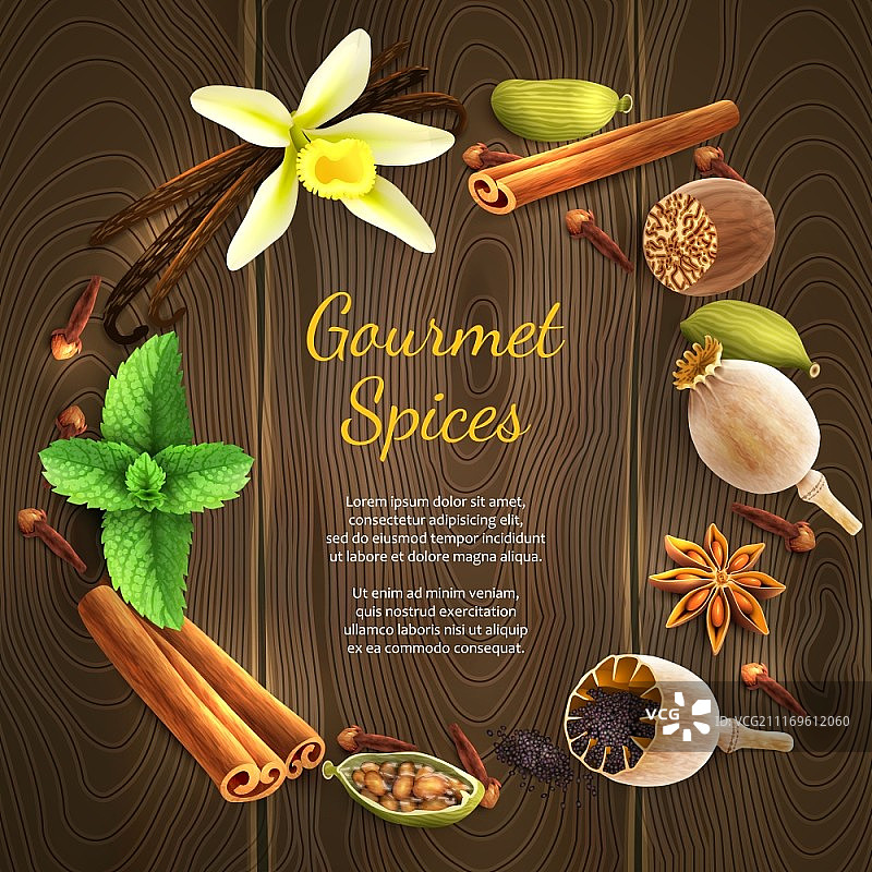 深色木质背景糕点香料装饰矢量插画图片素材