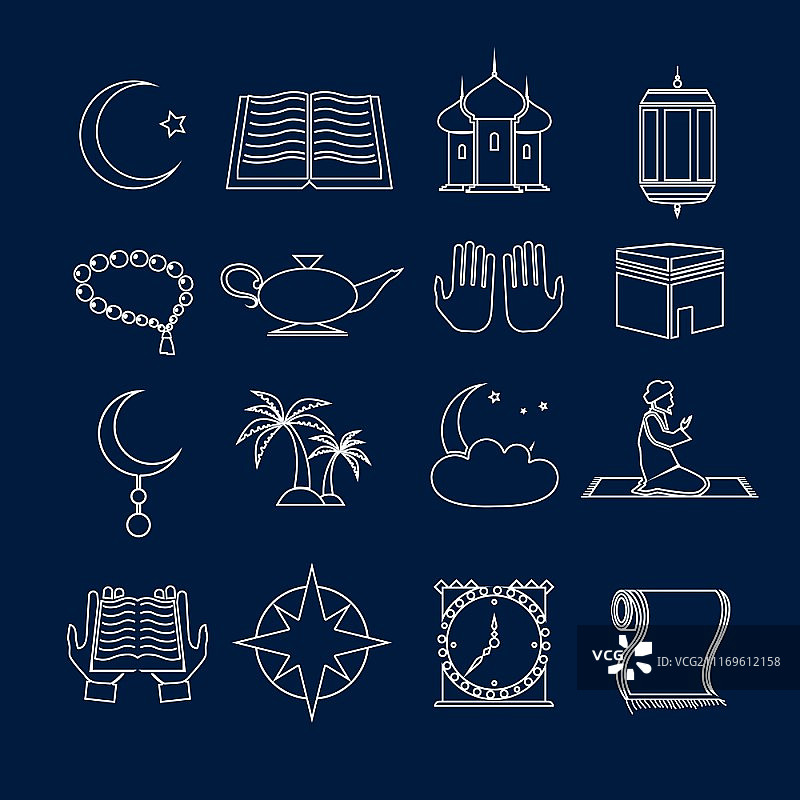 伊斯兰教堂穆斯林阿拉伯宗教传统符号轮廓图标集图片素材