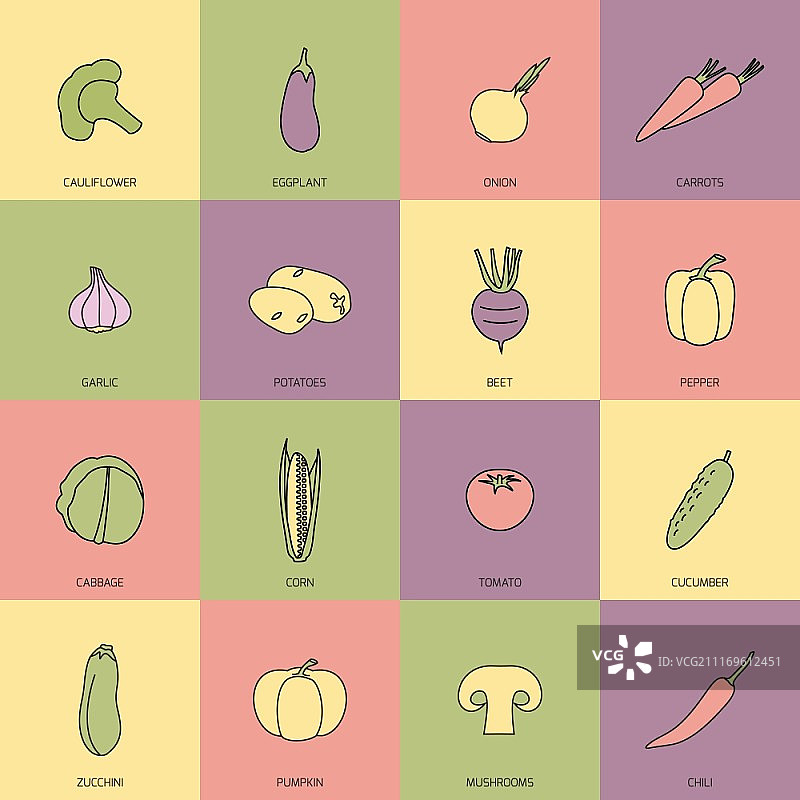 蔬菜食品扁平线条合集：包括花椰菜、洋葱、胡萝卜等，矢量插图图片素材