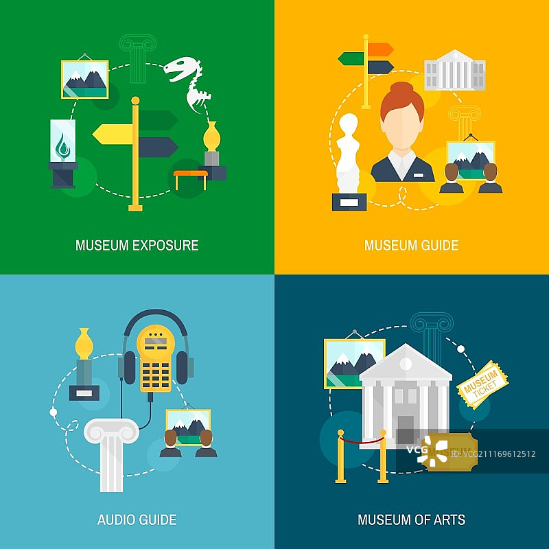 博物馆展览语音导览艺术扁平图标集图片素材