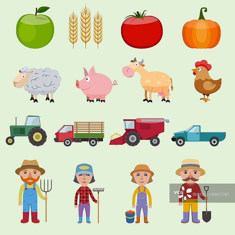 包含食物、农民、动物和机器的农场农业图标图片素材