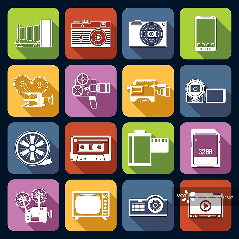 摄像机和多媒体专业计算机设备白色图标集矢量图图片素材