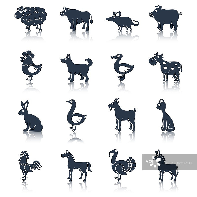 农场动物家畜宠物黑色图标合集图片素材