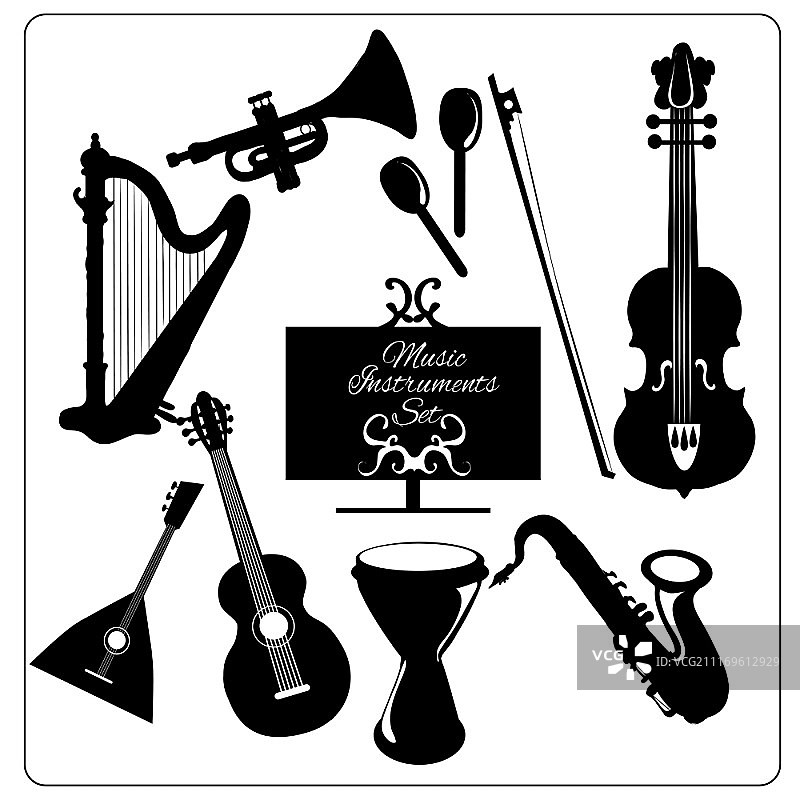 经典管弦乐器黑色图标：吉他、小提琴、小号、竖琴矢量草图图片素材