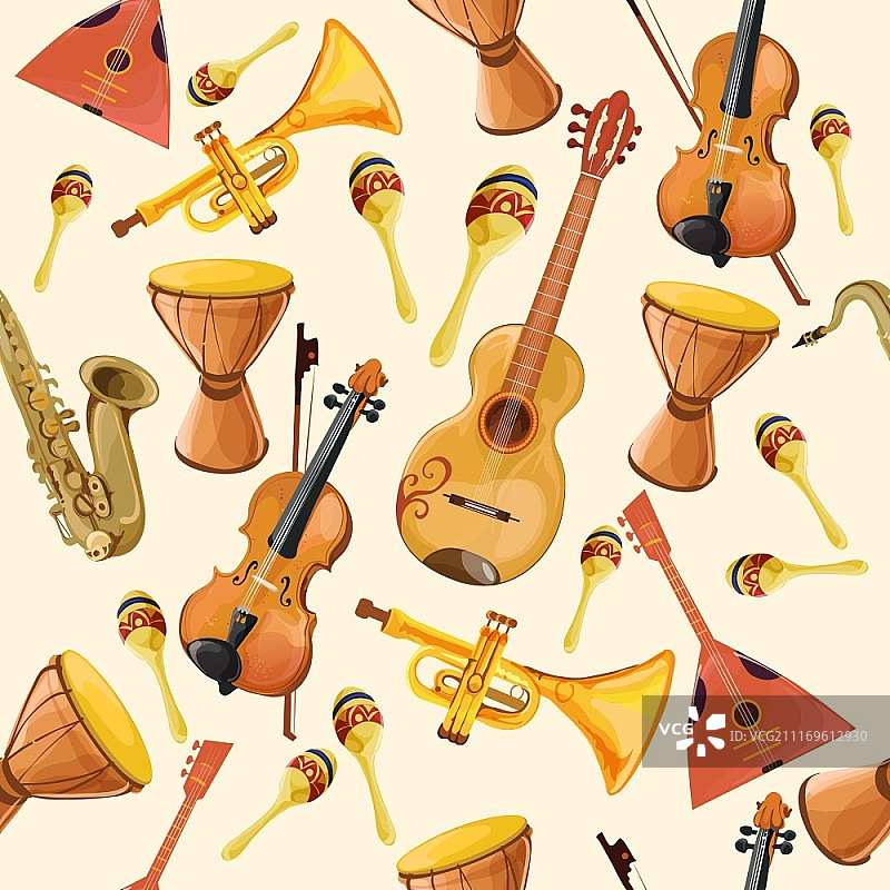 民间音乐合奏乐器无缝图案，包含喇叭、鼓、吉他和提琴彩色矢量图图片素材