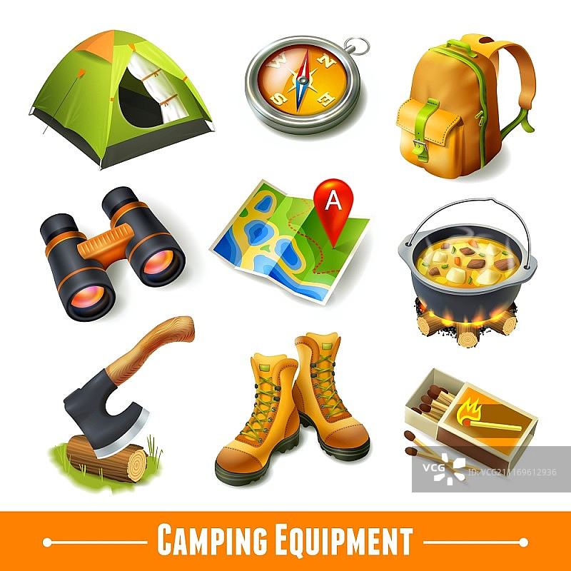 露营夏季户外活动装备装饰图标矢量图图片素材