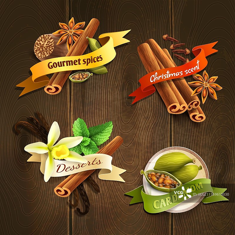 美食香料豆蔻圣诞节香味丝带徽章矢量图图片素材