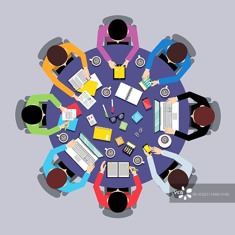 商务团队集思广益团队合作概念俯视图矢量插画图片素材