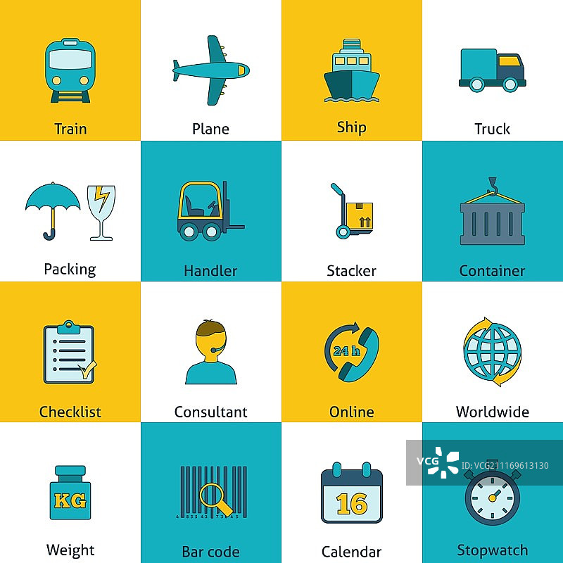 全球货运铁路运输物流扁平风格图标集，包含火车集装箱交付运营商抽象孤立矢量图图片素材