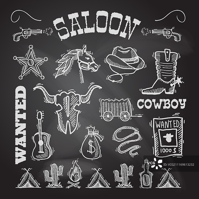 狂野西部牛仔黑板套装，包含枪、钱袋、马匹，独立矢量插图图片素材