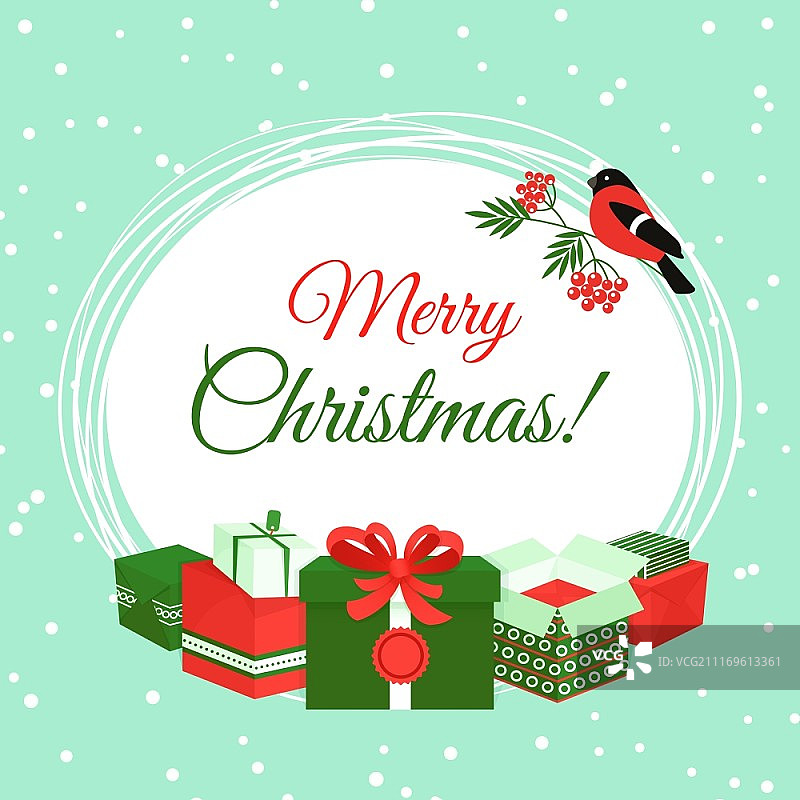 节日礼盒和红腹灰雀圣诞贺卡插画图片素材
