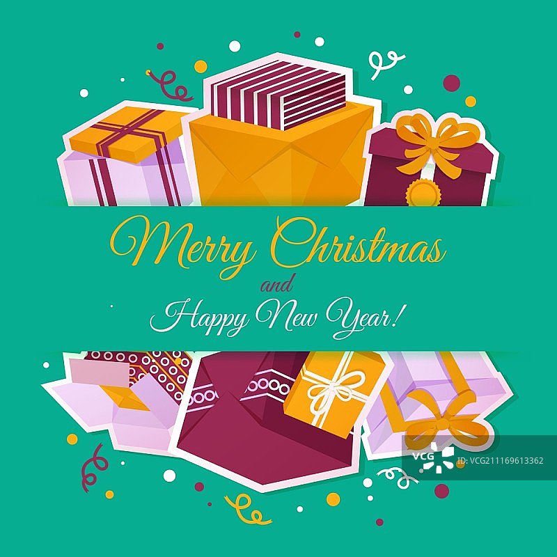 圣诞快乐新年贺卡与节日礼品盒矢量图图片素材