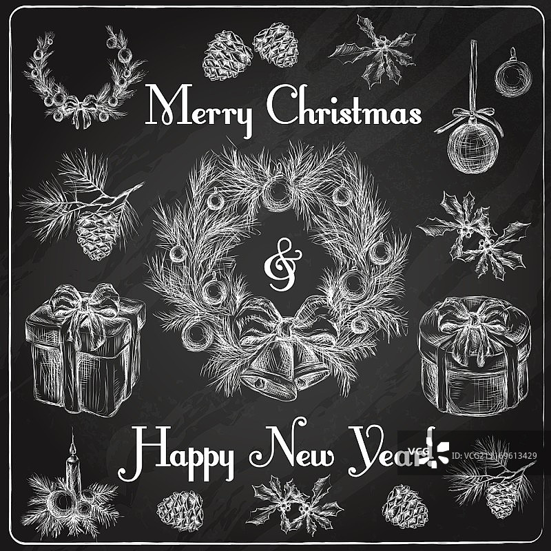 圣诞新年节日庆祝装饰黑板装饰图标集，独立矢量图图片素材