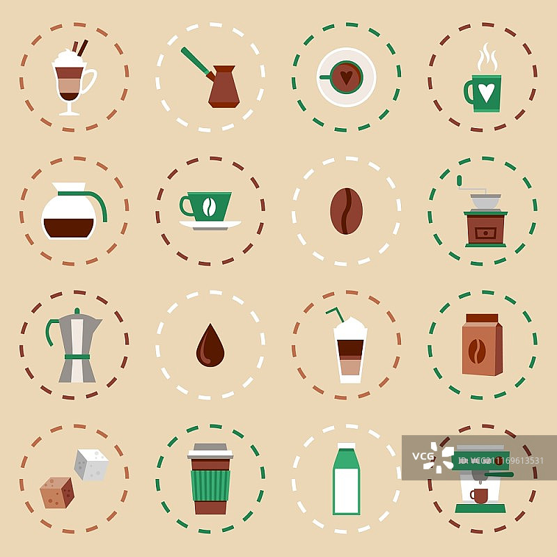 咖啡扁平图标集：咖啡壶、土耳其咖啡壶、法式压滤壶矢量图图片素材