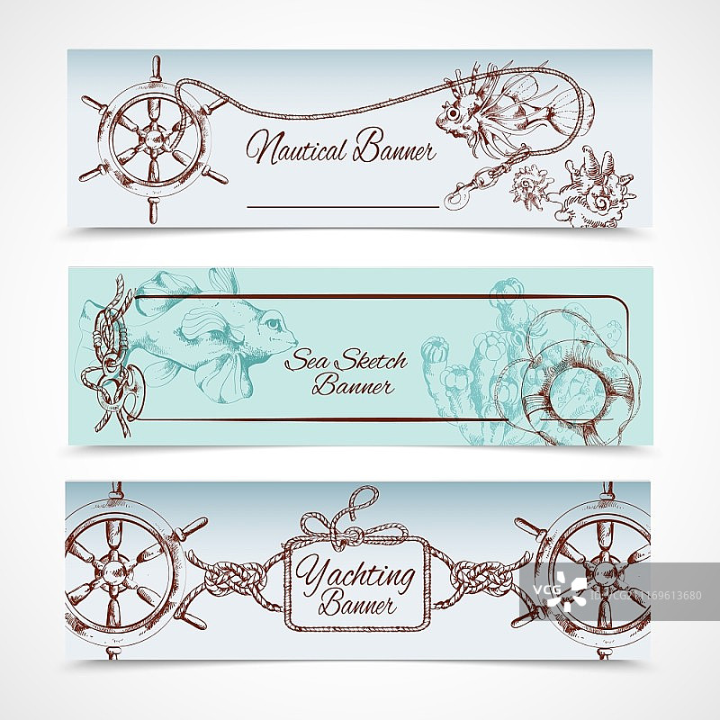 航海素描横幅：方向盘、鱼和海马图片素材