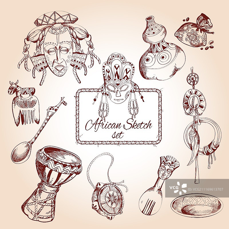 非洲丛林民族部落文化旅行写生装饰图标集矢量图图片素材