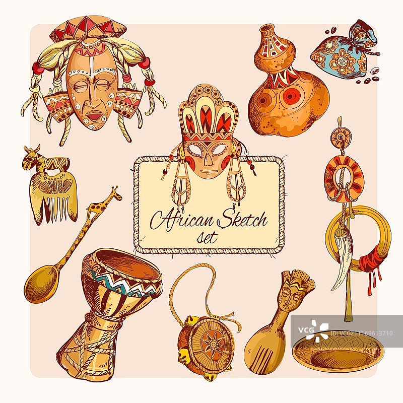 非洲野生动物园部落文化彩色装饰图标图片素材