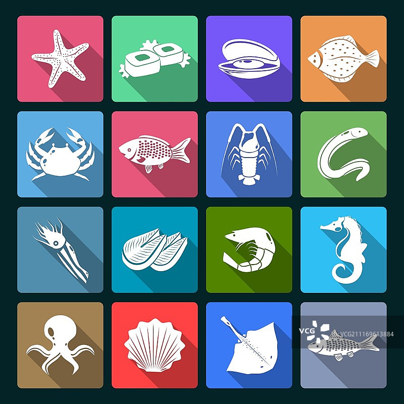白色海鲜图标合集，含贝类、螃蟹、鱿鱼、牡蛎等矢量素材图片素材