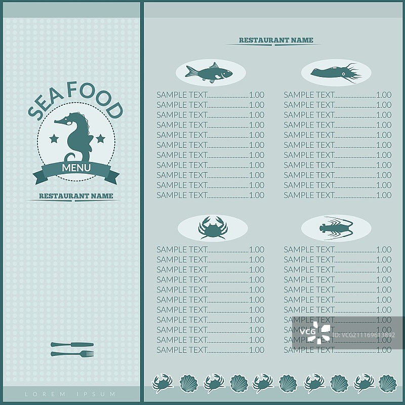 海鲜餐厅菜单列表模板，含海马和海鲜图标矢量插画图片素材