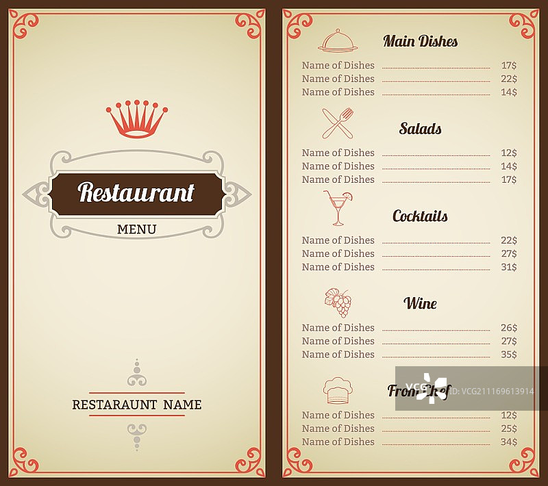 带有食物和饮料装饰元素的餐厅菜单列表宣传册矢量图图片素材
