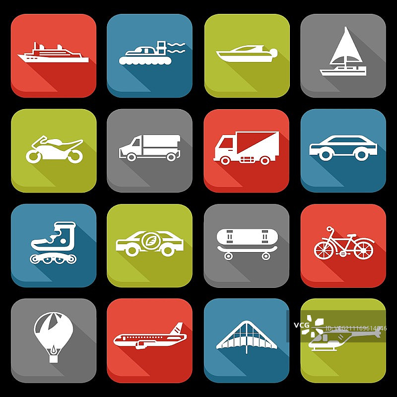 带溜冰鞋气球飞机的交通运输扁平图标集矢量图图片素材