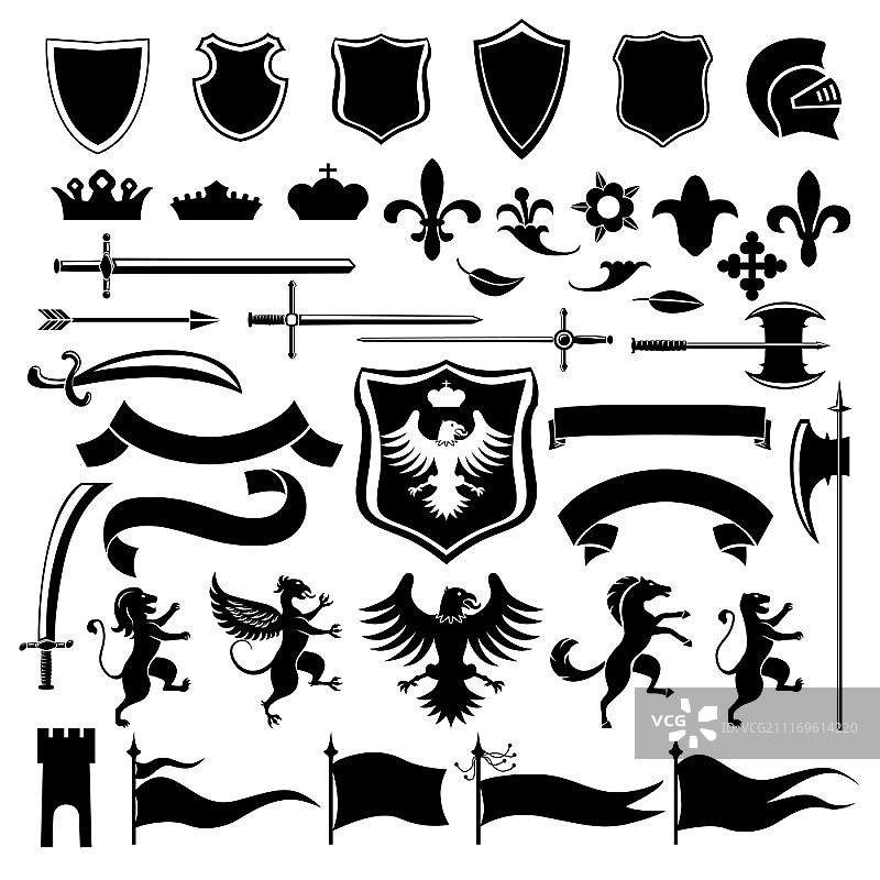 中世纪复古黑色纹章装饰图标，含皇冠盾牌阿拉伯花饰矢量图图片素材