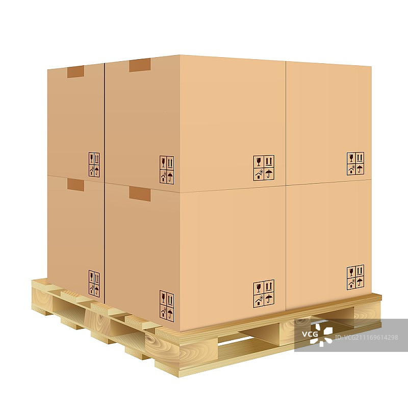 带有易碎标志的棕色封闭纸箱交付包装盒，位于白色背景木制托盘上矢量图图片素材
