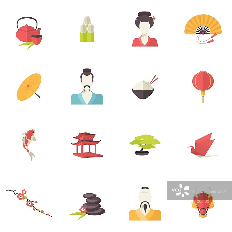 包含寿司、樱花、茶道和艺伎的日本扁平风图标集矢量插画图片素材