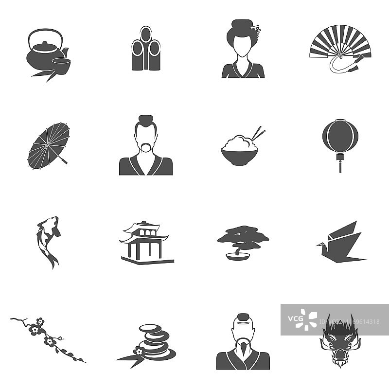 日本标志黑色合集：盆景、武士、宝塔等矢量素材图片素材