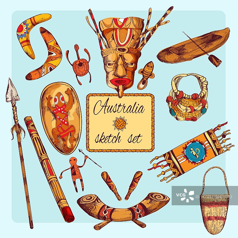 澳大利亚土著彩色素描装饰图标集矢量图图片素材