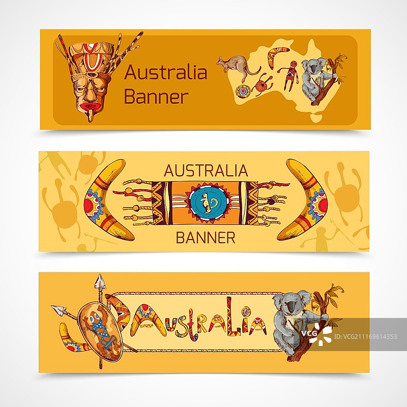 澳大利亚本土少数民族部落彩色素描横幅矢量图图片素材