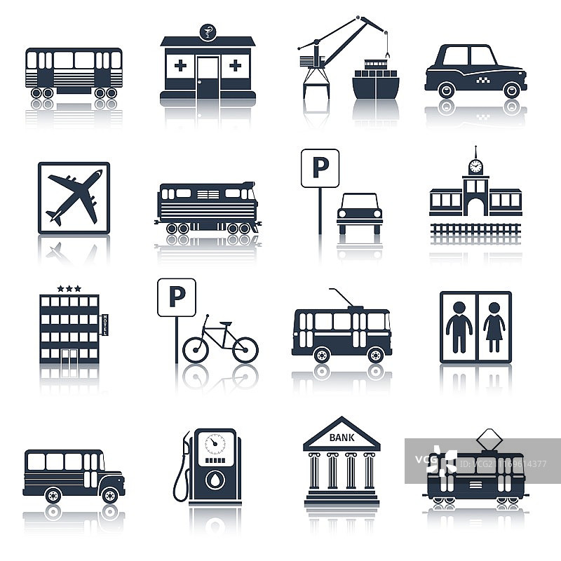 城市基础设施黑色图标：电车、药房、港口、出租车等矢量图图片素材