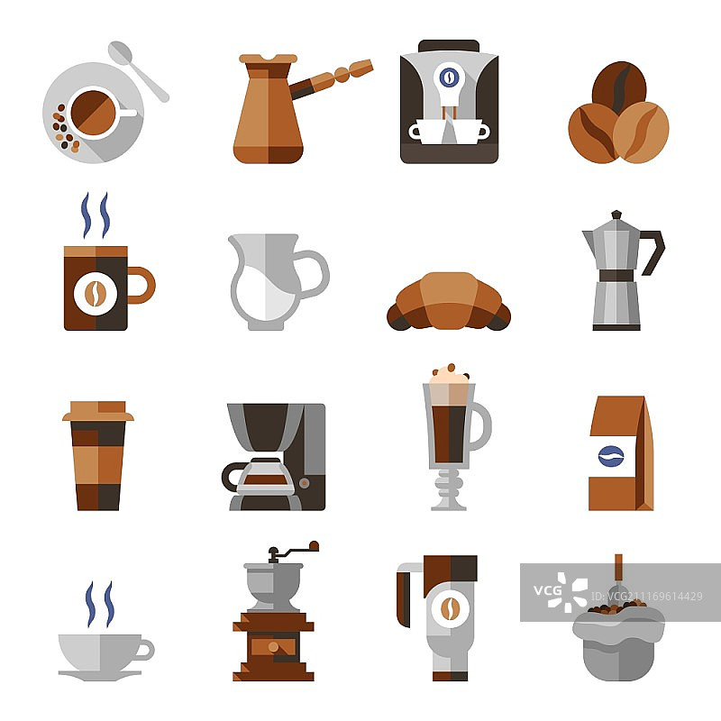 咖啡图标扁平风格合集，包含法式压滤壶、研磨机等矢量素材图片素材