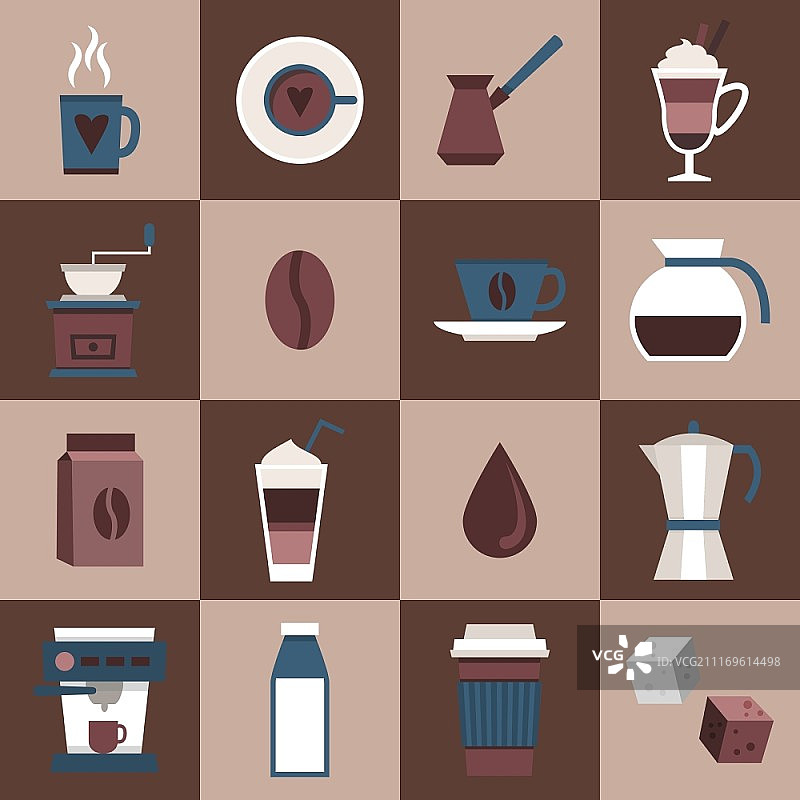 咖啡扁平图标，包含杯子、马克杯、热饮、咖啡壶等，矢量素材图片素材