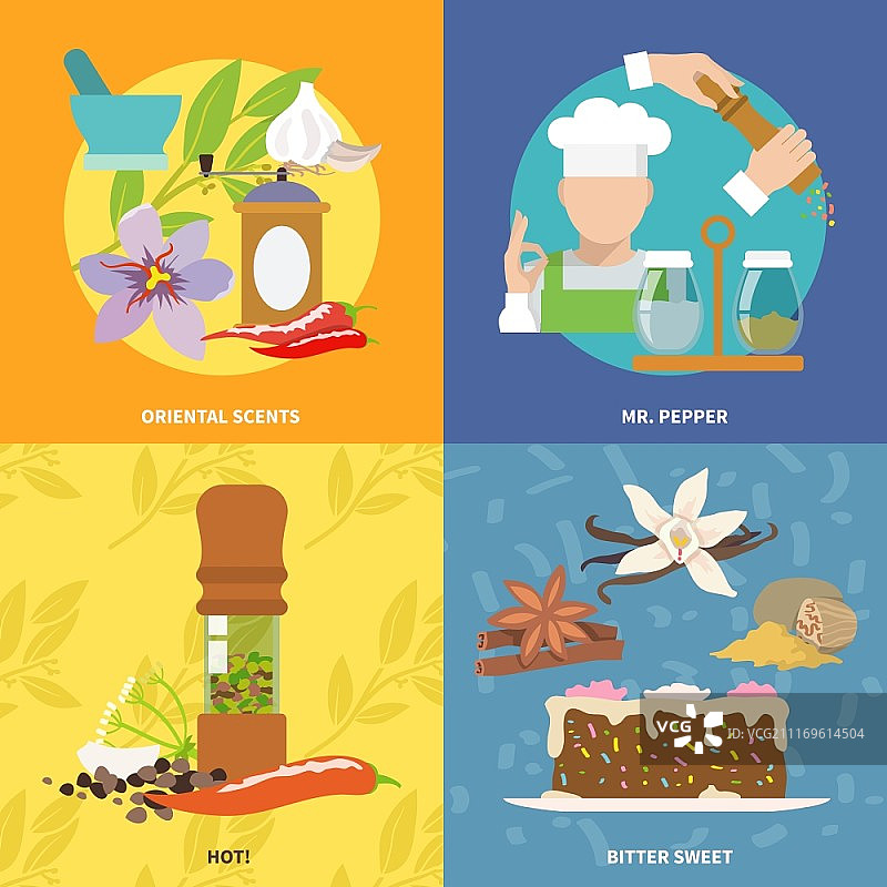 具有东方风味的香草和香料扁平图标矢量图图片素材