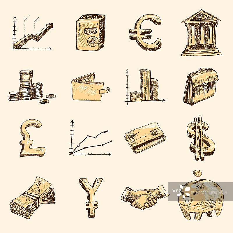 金融银行商业货币兑换市场交易涂鸦金色图标集矢量插画图片素材