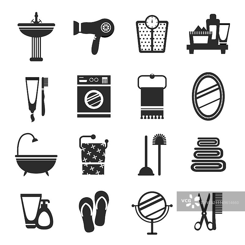 黑白浴室图标与洗手盆吹风机体重秤面霜矢量素材图片素材
