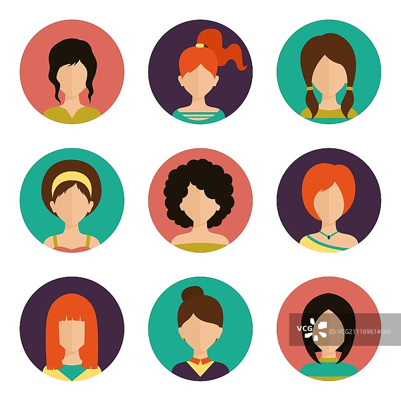 女性头像，社交网络人脸图标集矢量图图片素材